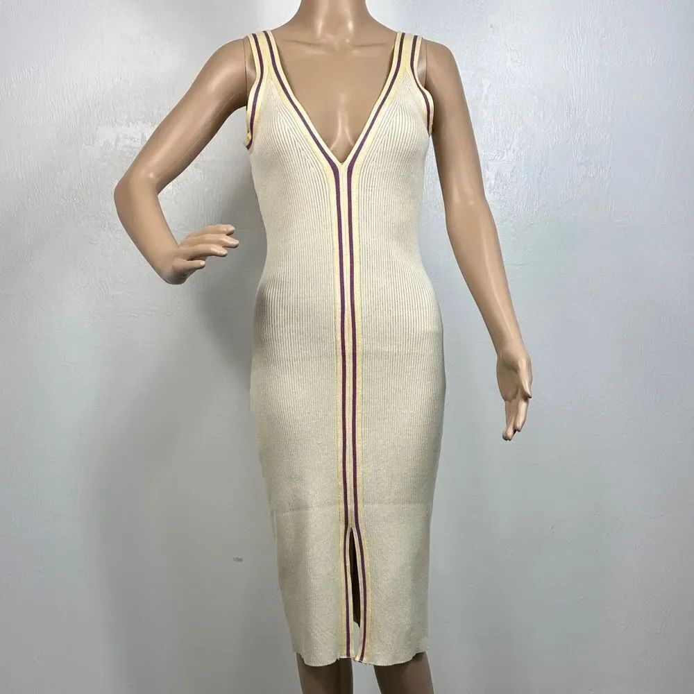Sleeveless V-neck Midi Bodycon Dress In Light Beige Size M